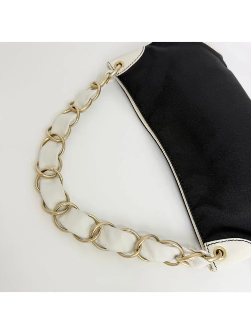 Chanel CC Logo Chain Shoulder Bag Canvas Leather Black White Gold Vintage